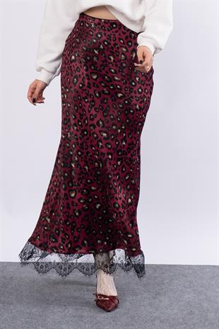 Saten Leopar Dantelli Uzun Etek 6750