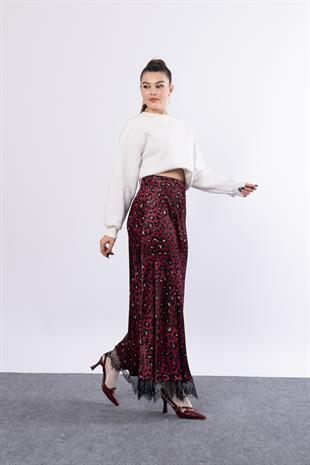 Saten Leopar Dantelli Uzun Etek 6750