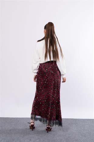 Saten Leopar Dantelli Uzun Etek 6750