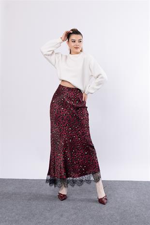 Saten Leopar Dantelli Uzun Etek 6750