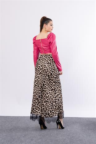 Saten Leopar Dantelli Uzun Etek 6750