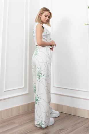 Spagetti Biritli Yelek Keten Kumaş Bol Paça Pantolon Takım 1232