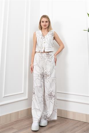 Spagetti Biritli Yelek Keten Kumaş Bol Paça Pantolon Takım 1232