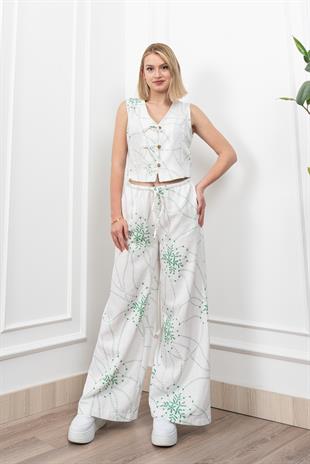 Spagetti Biritli Yelek Keten Kumaş Bol Paça Pantolon Takım 1232