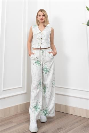 Spagetti Biritli Yelek Keten Kumaş Bol Paça Pantolon Takım 1232