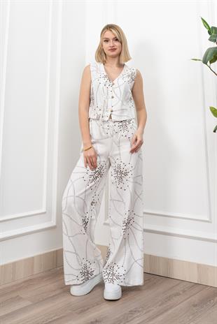 Spagetti Biritli Yelek Keten Kumaş Bol Paça Pantolon Takım 1232