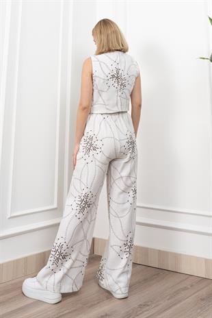 Spagetti Biritli Yelek Keten Kumaş Bol Paça Pantolon Takım 1232