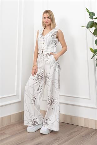 Spagetti Biritli Yelek Keten Kumaş Bol Paça Pantolon Takım 1232