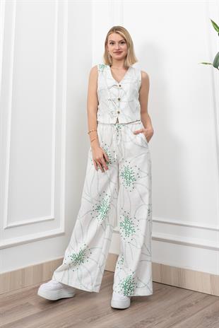 Spagetti Biritli Yelek Keten Kumaş Bol Paça Pantolon Takım 1232