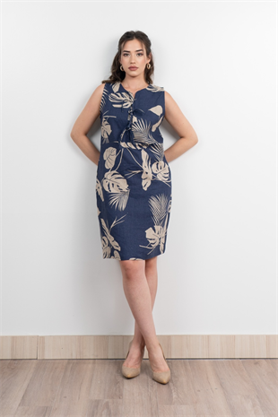 Spagetti Fiyonk Keten Yaprak Desen Elbise 50330