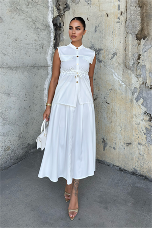 Süs Cep Detaylı Yelek ve Pileli Cepli Etek 1248