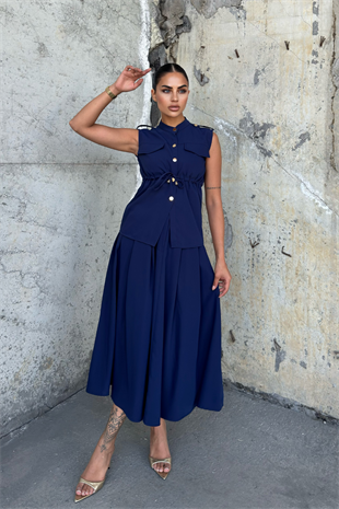 Süs Cep Detaylı Yelek ve Pileli Cepli Etek 1248