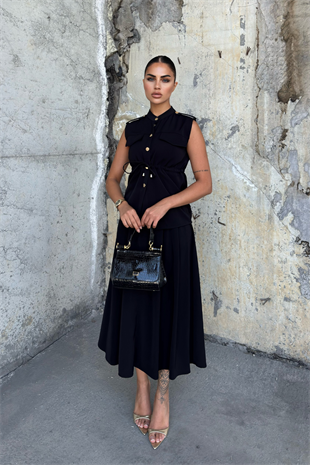 Süs Cep Detaylı Yelek ve Pileli Cepli Etek 1248