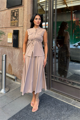 Süs Cep Detaylı Yelek ve Pileli Cepli Etek 1248