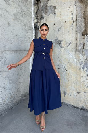 Süs Cep Detaylı Yelek ve Pileli Cepli Etek 1248