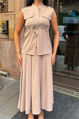 Süs Cep Detaylı Yelek ve Pileli Cepli Etek 1248