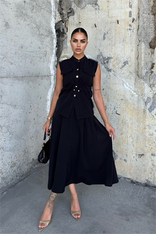 Süs Cep Detaylı Yelek ve Pileli Cepli Etek 1248