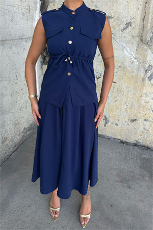 Süs Cep Detaylı Yelek ve Pileli Cepli Etek 1248