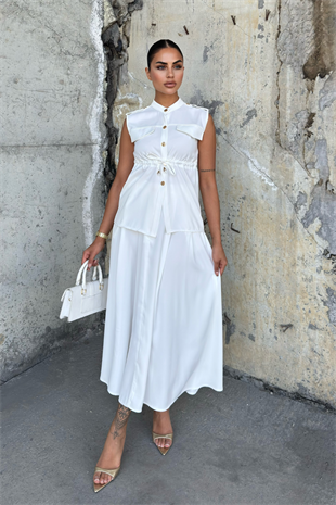 Süs Cep Detaylı Yelek ve Pileli Cepli Etek 1248