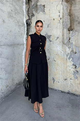 Süs Cep Detaylı Yelek ve Pileli Cepli Etek 1248