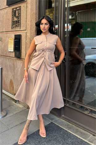 Süs Cep Detaylı Yelek ve Pileli Cepli Etek 1248