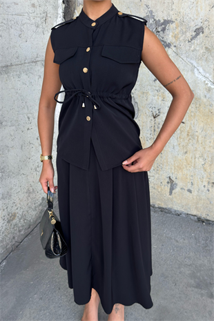 Süs Cep Detaylı Yelek ve Pileli Cepli Etek 1248