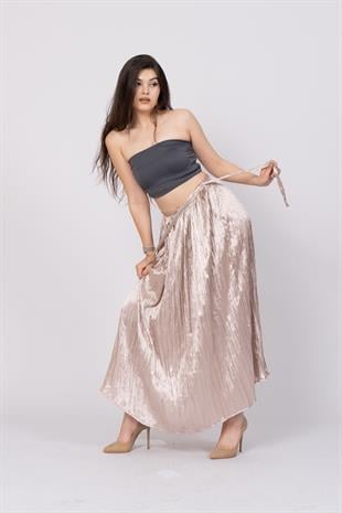 Taş Baskılı Uzun Saten Verev Etek 6786