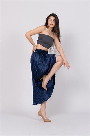 Taş Baskılı Uzun Saten Verev Etek 6786