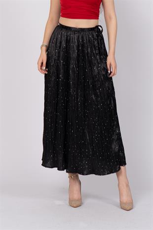 Taş Baskılı Uzun Saten Verev Etek 6786