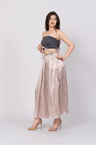 Taş Baskılı Uzun Saten Verev Etek 6786