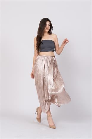 Taş Baskılı Uzun Saten Verev Etek 6786