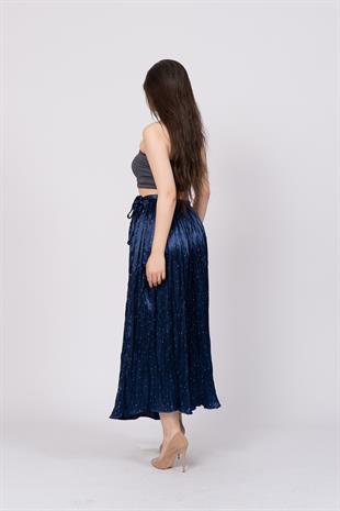 Taş Baskılı Uzun Saten Verev Etek 6786