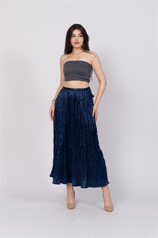 Taş Baskılı Uzun Saten Verev Etek 6786