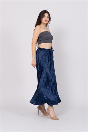 Taş Baskılı Uzun Saten Verev Etek 6786