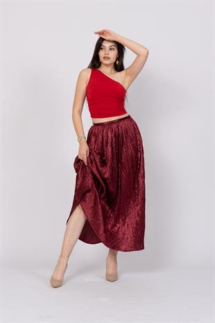 Taş Baskılı Uzun Saten Verev Etek 6786