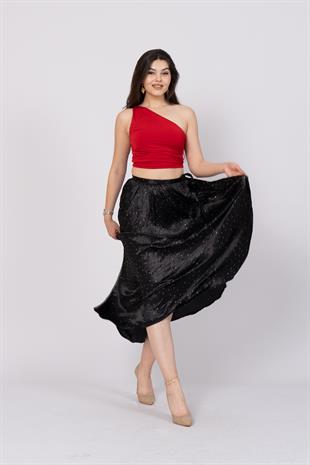 Taş Baskılı Uzun Saten Verev Etek 6786