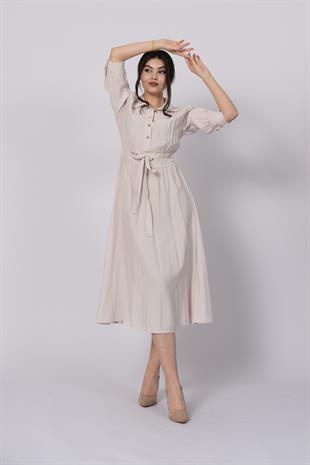 Trend model, gömlek yaka, fakir kol, beli gipeli lastik ve kuşak detaylı uzun elbise 50307