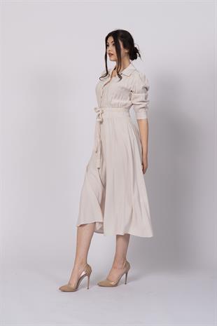 Trend model, gömlek yaka, fakir kol, beli gipeli lastik ve kuşak detaylı uzun elbise 50307