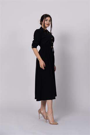 Trend model, gömlek yaka, fakir kol, beli gipeli lastik ve kuşak detaylı uzun elbise 50307