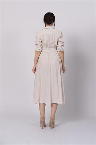 Trend model, gömlek yaka, fakir kol, beli gipeli lastik ve kuşak detaylı uzun elbise 50307