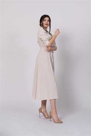 Trend model, gömlek yaka, fakir kol, beli gipeli lastik ve kuşak detaylı uzun elbise 50307