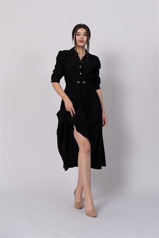 Trend model, gömlek yaka, fakir kol, beli gipeli lastik ve kuşak detaylı uzun elbise 50307