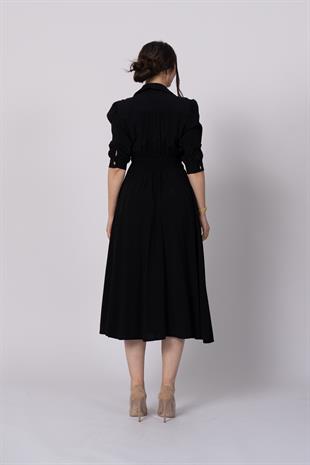 Trend model, gömlek yaka, fakir kol, beli gipeli lastik ve kuşak detaylı uzun elbise 50307