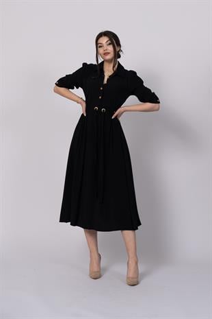 Trend model, gömlek yaka, fakir kol, beli gipeli lastik ve kuşak detaylı uzun elbise 50307