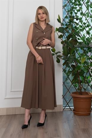 Trend Model İçi Astarlı Düğmeli Yelek & Kemerli Uzun Etek Takım 1205