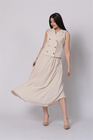 Trend Model İçi Astarlı Düğmeli Yelek & Kemerli Uzun Etek Takımı 1205