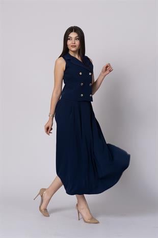 Trend Model İçi Astarlı Düğmeli Yelek & Kemerli Uzun Etek Takımı 1205