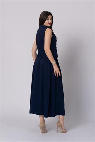 Trend Model İçi Astarlı Düğmeli Yelek & Kemerli Uzun Etek Takımı 1205