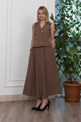 Trend Model İçi Astarlı Düğmeli Yelek & Kemerli Uzun Etek Takım 1205