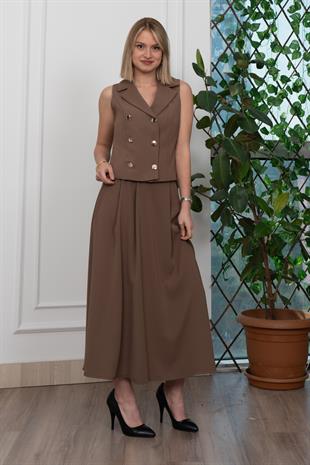 Trend Model İçi Astarlı Düğmeli Yelek & Kemerli Uzun Etek Takım 1205